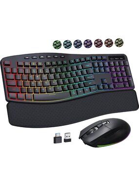 Ergonomic Wireless Keyboard & Mouse Set, Rechargeable, RGB Backlit, Soft Wrist